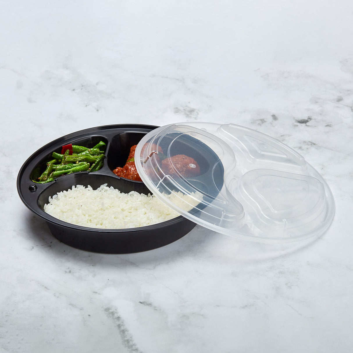 Premium Plastic 3-Compartment Round Food Container (150/case)