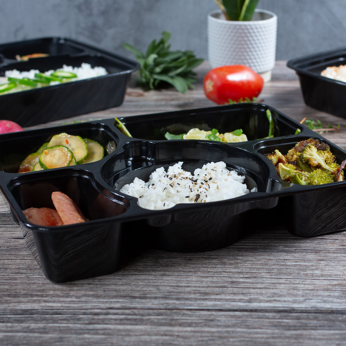 Premium 5-Compartment Bento Rectangular Microwavable Combo (Black) - 100/Case - ReztaurantDirect
