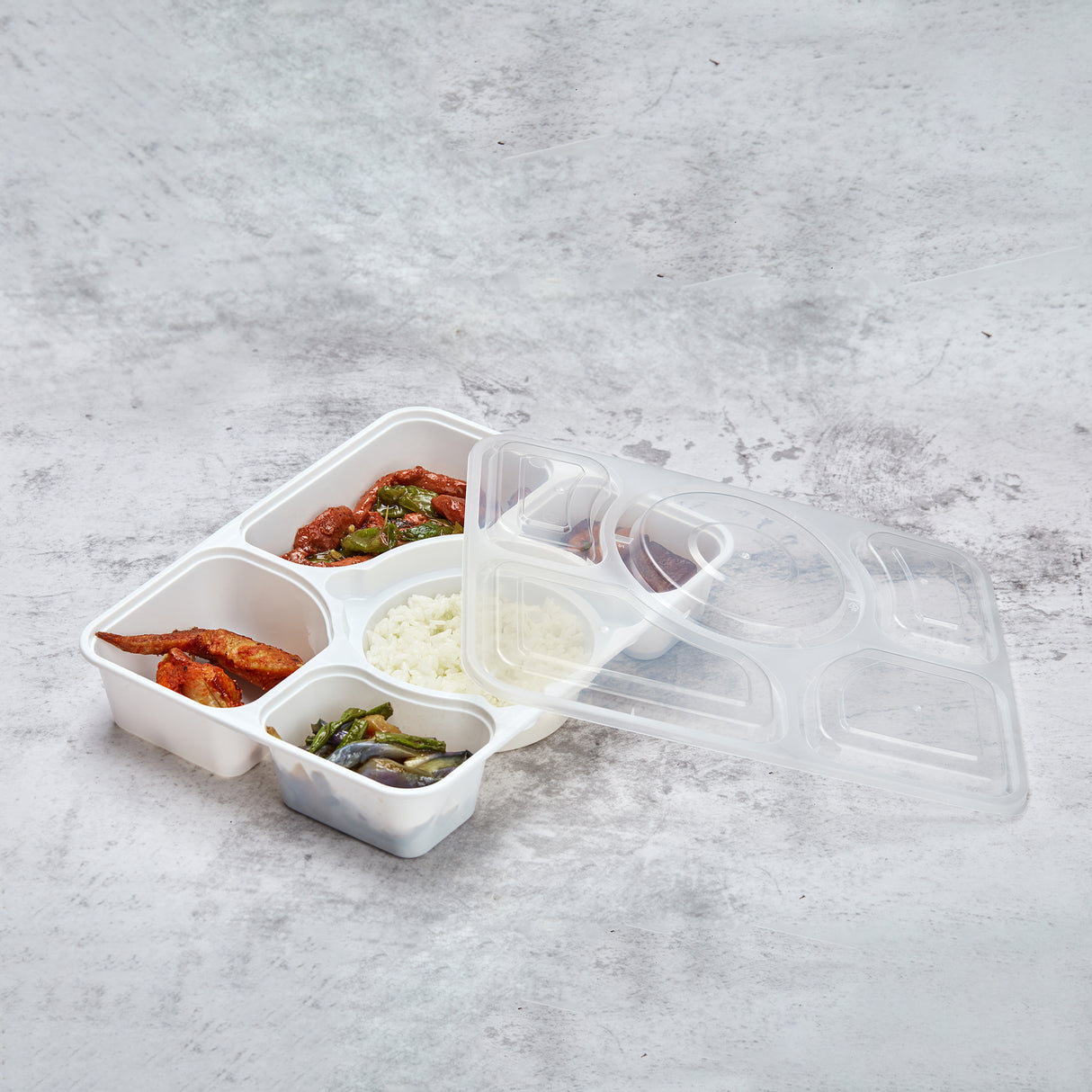 Premium 5-Compartment Bento Rectangular Microwavable Combo (White) - 100/Case - ReztaurantDirect