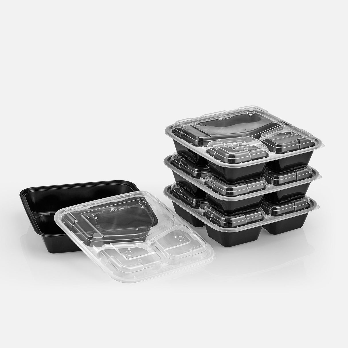 38 oz Premium 8" x 8" 3-Compartment Square Microwavable w/ Vent Combo (Black) - 100/Case - ReztaurantDirect