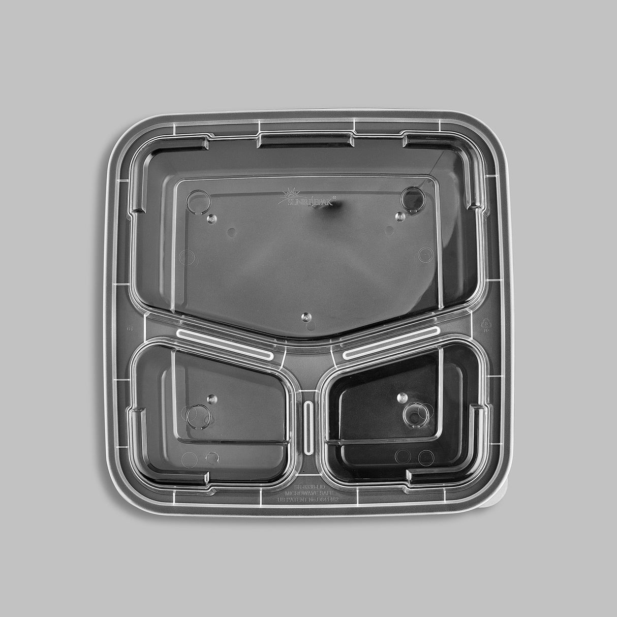 38 oz Premium 8" x 8" 3-Compartment Square Microwavable w/ Vent Combo (Black) - 100/Case - ReztaurantDirect