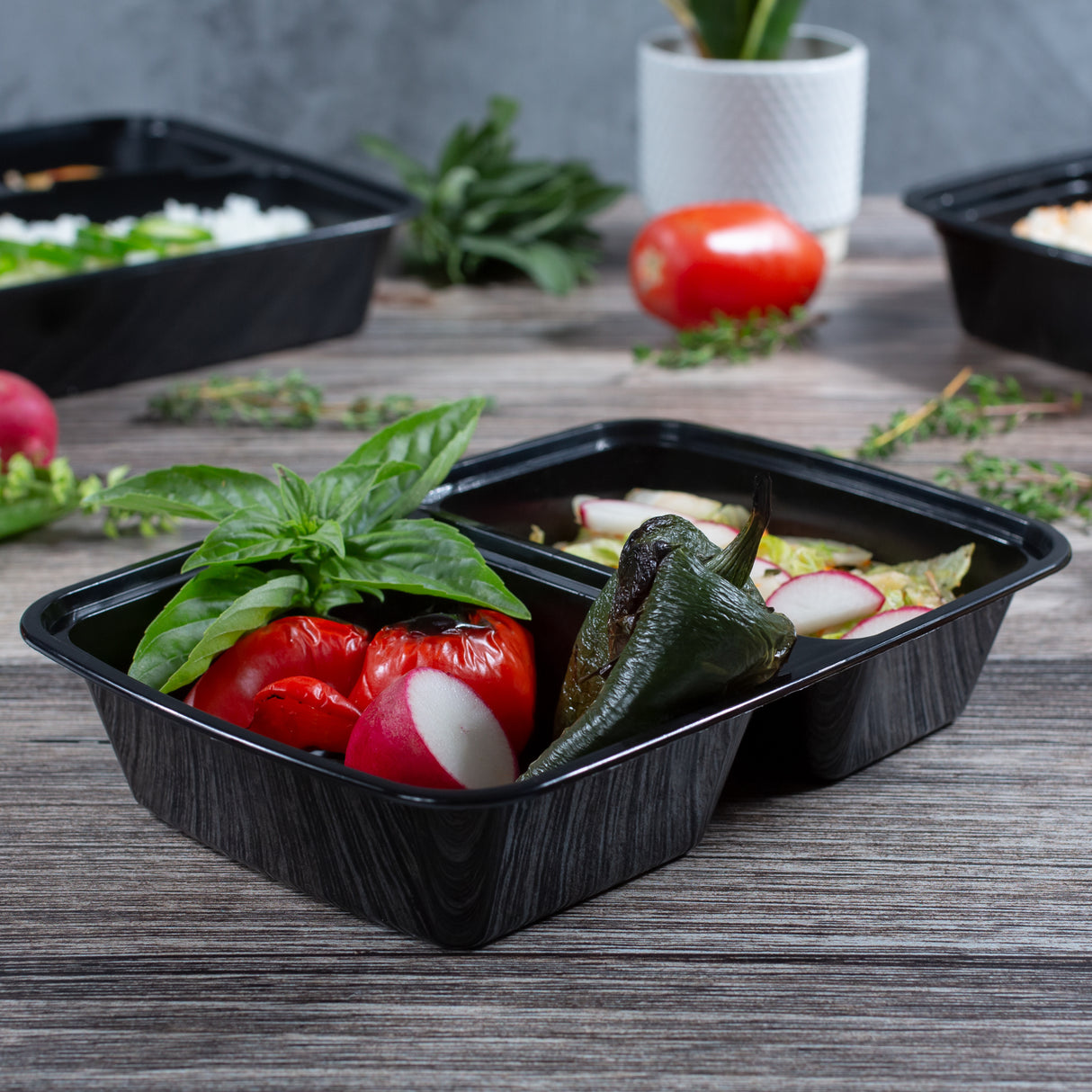 30 oz Premium 8" x 6" 2-Compartment Rectangular Microwavable Combo (Black) - 150/Case - ReztaurantDirect