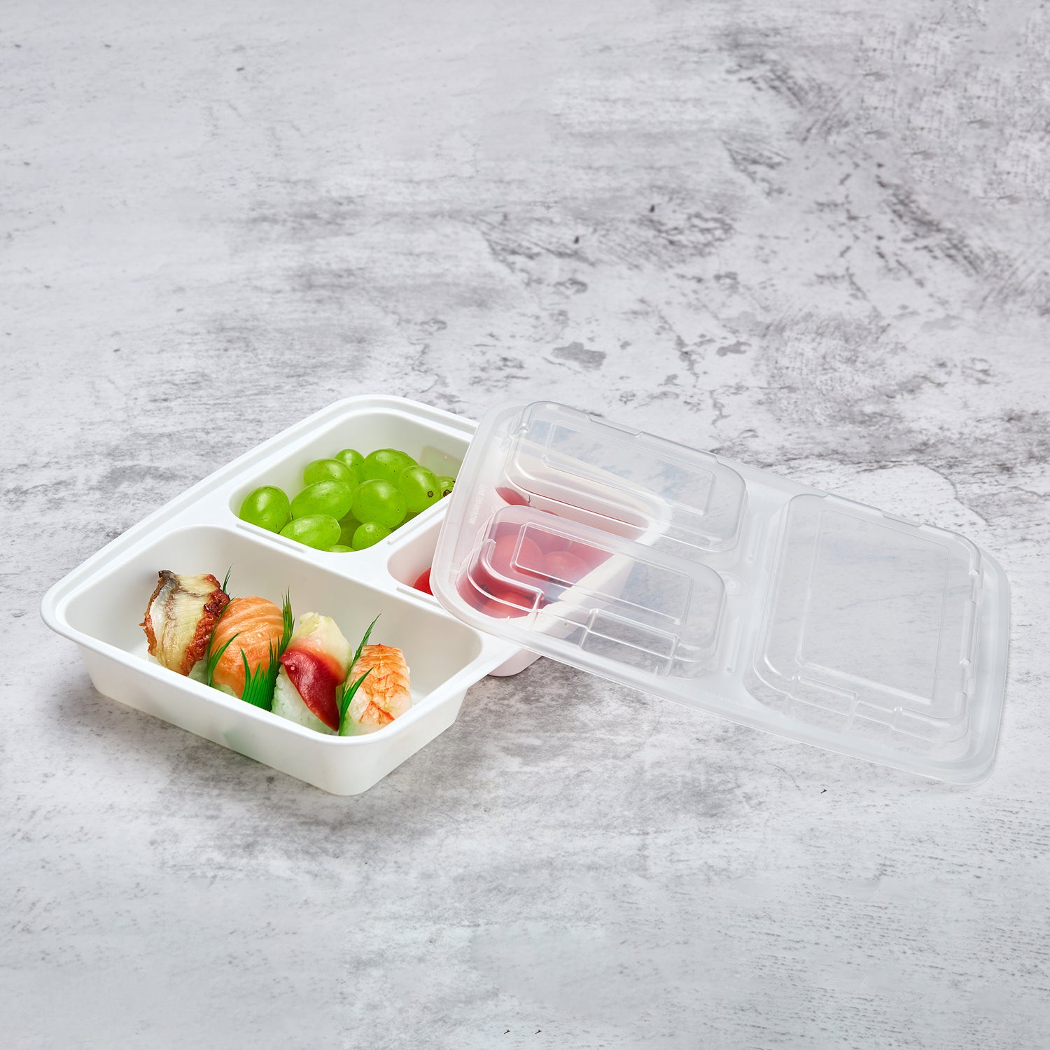 32 oz Premium 9" x 7" 3-Compartment Rectangular Microwavable Combo (White) - 150/Case - ReztaurantDirect 