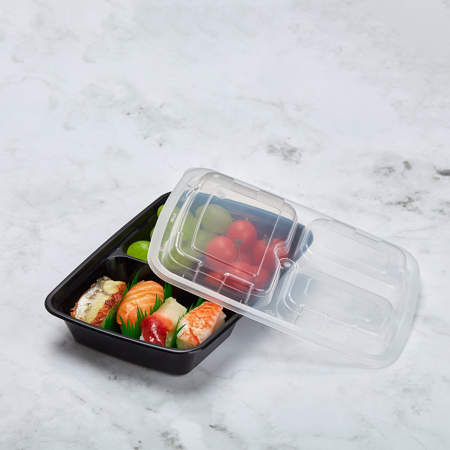 24 oz Premium 8" x 6" 3-Compartment Rectangular Microwavable Combo (Black) - 25/Case - ReztaurantDirect 