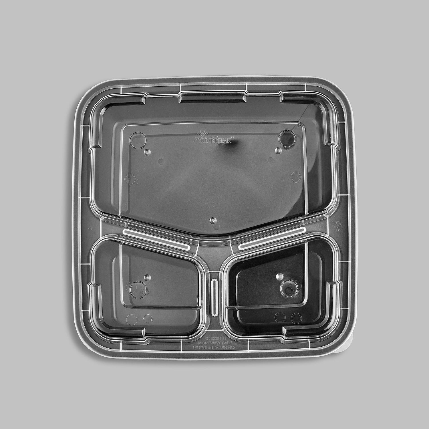 38 oz Premium 8" x 8" 3-Compartment Square Microwavable w/ Vent Combo (Black) - 100/Case - ReztaurantDirect 