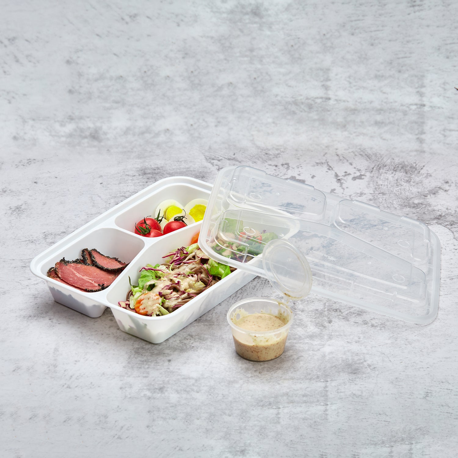 38 oz Premium 10" x 8" 3-Compartment Rectangular Microwavable w/ Vent Combo (White) - 150/Case - ReztaurantDirect 