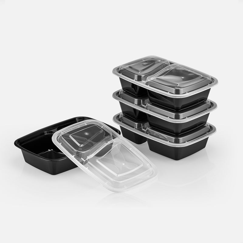 28 oz Premium 8" x 6" 2-Compartment Rectangular Microwavable Combo (Black) - 25/Case