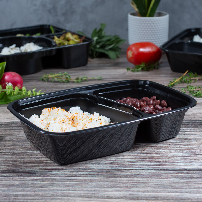 28 oz Premium 8" x 6" 2-Compartment Rectangular Microwavable Combo (Black) - 25/Case