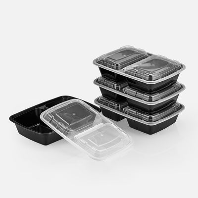 30 oz Premium 8" x 6" 2-Compartment Rectangular Microwavable Combo (Black) - 25/Case