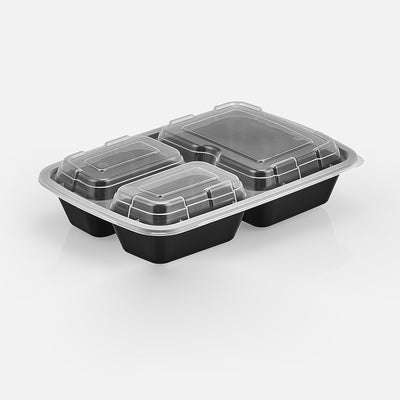 24 oz Premium 8" x 6" 3-Compartment Rectangular Microwavable Combo (Black) - 150/Case