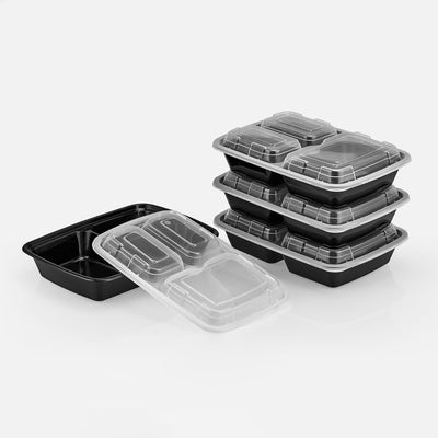 24 oz Premium 8" x 6" 3-Compartment Rectangular Microwavable Combo (Black) - 25/Case