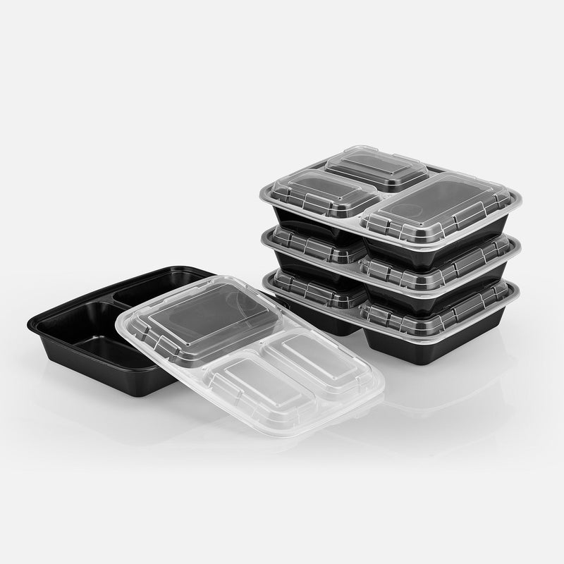 32 oz Premium 9" x 7" 3-Compartment Rectangular Microwavable Combo (Black) - 150/Case