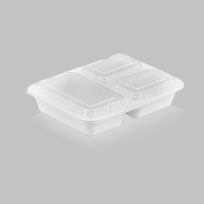 32 oz Premium 9" x 7" 3-Compartment Rectangular Microwavable Combo (White) - 150/Case