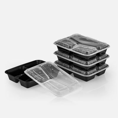 38 oz Premium 10" x 8" 3-Compartment Rectangular Microwavable w/ Vent Combo (Black) - 150/Case