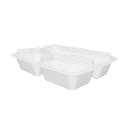 38 oz Premium 10" x 8" 3-Compartment Rectangular Microwavable w/ Vent Combo (White) - 150/Case